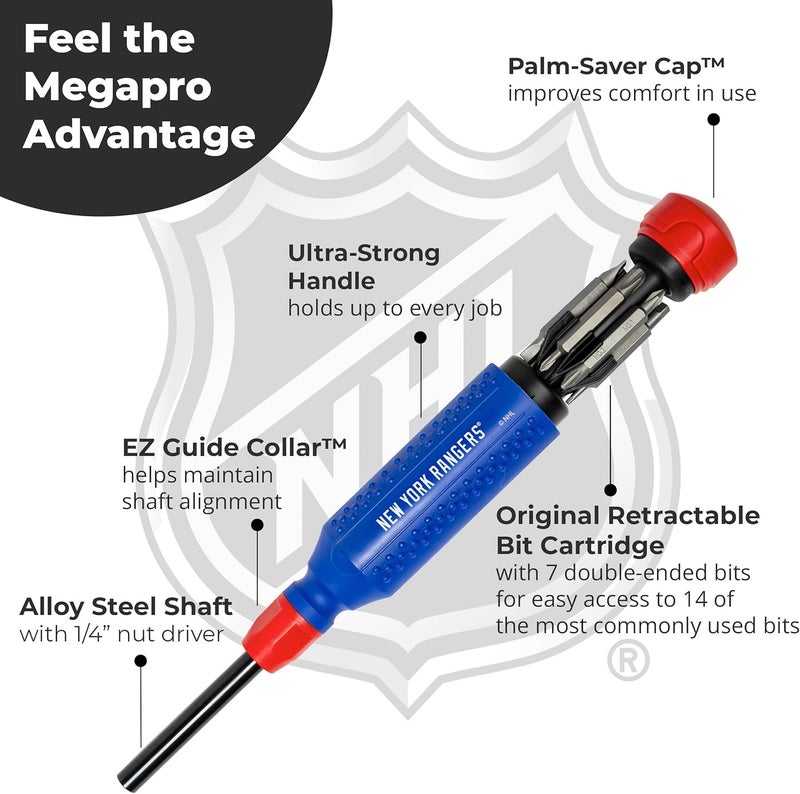 Megapro ® NHL® Team Edition Multi-bit Screwdriver | Officially Licensed NHL® Gear | Durable, Ergonomic, Pro-Grade Screwdriver (New York Rangers®) - Image 4